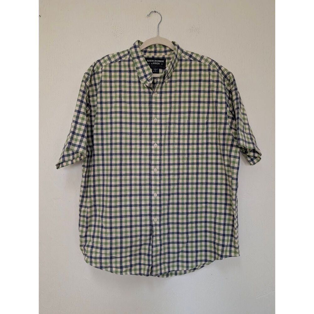 Abercrombie & Fitch Mens Plaid Short Sleeve Button Down Shirt Blue Green Large